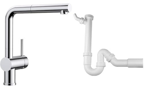Blanco Linus-S Küchenarmatur, Chrom, 512402 & Geruchsverschluss (Siphon) 1,5'' x 50 mm (Abgang Ø=40 oder 50 mm)