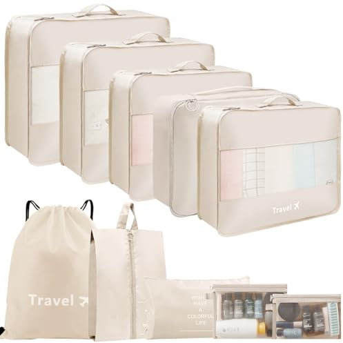 Koffer Organizer Set, 10 Stück Travel Packing Cubes, Kofferorganizer Packtaschen Set Packwürfel mit Kleidertaschen Schuhbeutel, Reise Gadgets-Beige