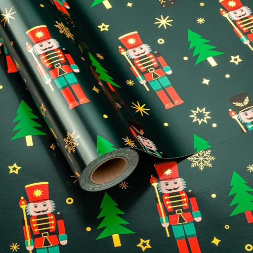 Retrify Nutcracker Wrapping Paper Roll, 17 Inches x 32.8 Feet Green Gift Wrap for Christmas New Year Holiday, Christmas Tree/Snowflake/Star Design