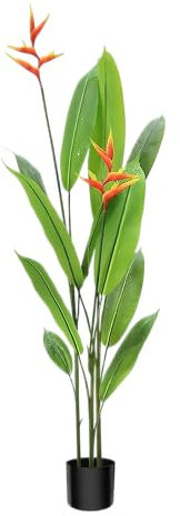 Strelitzie mit Blüte, Paradiesvogelblume, Kunstpflanze, Kunstbaum, künstliche Pflanze, Deko, im schwarzen Topf, sehr realistisch, Grün (140 cm - MN-KP-2212)