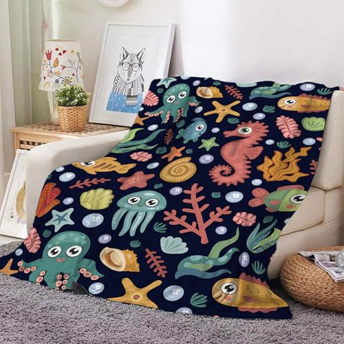 Hoimlm Kuscheldecke, Seepferdchen Seestern Kuscheldecken, Sanft Flanell Weich Fleecedecke, Kinder kuscheldecke, mikrofaser Couchdecke, Marine Life Decke Geschenke (Maritime Welt A, 150 x 200 cm)