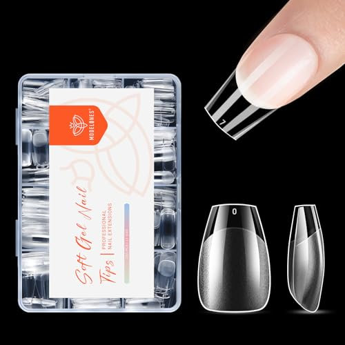 Modelones Faux Ongles, 216Pcs Capsule Americaine Ongles Semi Givré Capsules Court Coffin Gel Faux Ongles Ongle Pose Americaine, 12 Tailles Couverture Complète