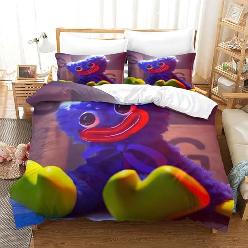 Poppy Playtime Bettbezug Set Bettwäschegarnitur Mädchen Junge Kinder 3D Gedruckter Horror-Spiele-Cartoon Weich Microfaser Und Kissenbezüge Reissverschluss Bettwäsche 3 Teilig Super King(260x220cm)