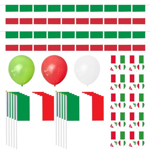 TYFGRT 1 Set di Decorazioni per La Bandiera Italiana, 30 Palloncini per Feste, 1 Bandiera A Corda, 10 Bandiere Sventolanti A Mano, Adatti per Decorazioni per Feste E Partite di Calcio