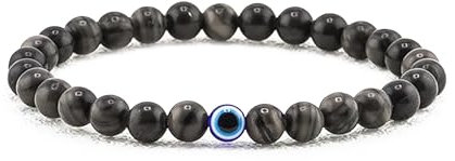 Lameybrt 6mm Auge des Bösen Blick Armband Schutz Stretch Armbänder mit Naturstein für Männer Handgemacht Heilsteine und Herrenarmband (A21 KL Black wood stone, Mittel 19cm)