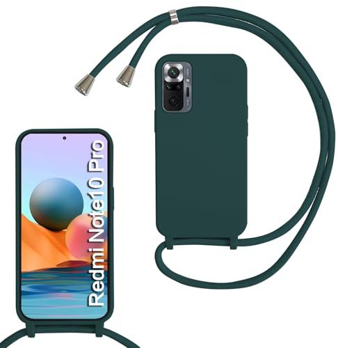 Beajew Funda para Xiaomi Redmi Note 10 Pro/Note 10 Pro MAX con Cuerda, Silicona Líquida Carcasa con Cordón Correa Colgante Ajustable Collar Correa Teléfono Case Cover, Verde Oscuro
