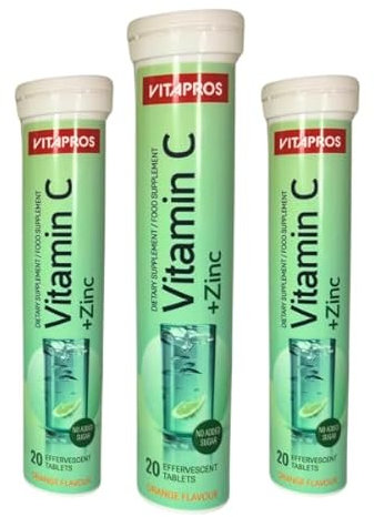 Vitapros Vitamin C + Zinc Effervescent Tablets - 60 Vegan, Sugar-Free, Orange Flavour Tabs - Boosts Energy, Immune Support & Overall Health - Made in EU