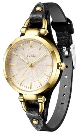 BUREI Uhr Demen Elegante Lederarmband Armbanduhr Damen Klassisch Analog Quarz Damenuhr Geschenke für Frauen(Gold Schwarz)