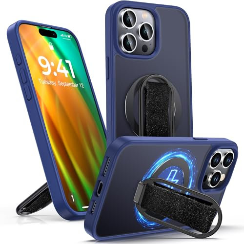 SHIELDS UP for iPhone 15 Pro Max Case with Stand, Matte Back Phone Case Compatible with MagSafe Phone Grip Ring Holder Finger Strap, Shockproof Translucent Protective Cover - Frosted Blue