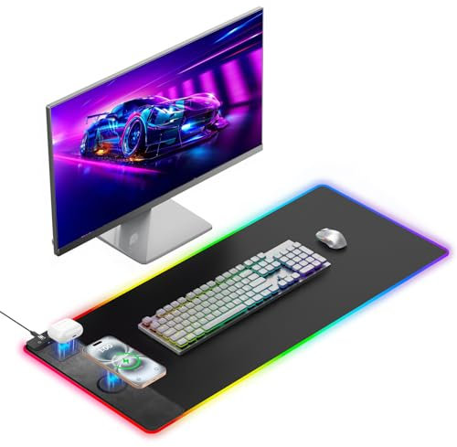 Miroddi Alfombrilla de Mouse RGB con Carga inalámbrica para Juegos, Alfombrilla de Escritorio Extra Grande, 80 x 40 cm, 13 Modos de luz, Base de Goma Antideslizante, Alfombrilla de Teclado de