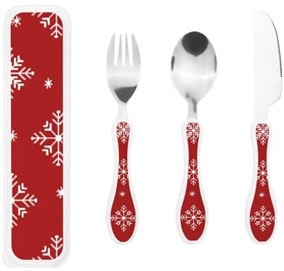 Big Kids Besteckset Löffel, Messer und Gabel Sets Kinderbesteck Sets Lebensmittelecht Edelstahl (Rote Weihnachtsschneeflocken)