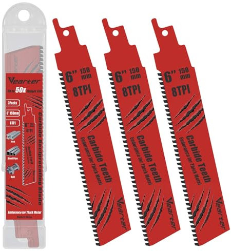 Vearter Lot de 3 lames de scie alternative en carbure 8TPI pour métal épais, tuyaux en acier, fonte, boulon, acier allié - 150 mm