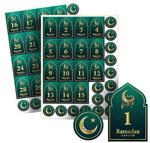 Ramadan Kalender Aufkleber – 30 Ramadan Zahlen Aufkleber 1-30 und Verschluss Sticker – für Ramadan Kalender zum Befüllen Kinder und Erwachsene – Ramadan Deko mit Eid Mubarak Sticker gold (Grün)