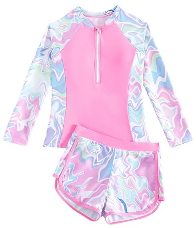 Girls Swimming Costume Padded Bras Long Sleeve Kids Swimsuit Two Pieces Swimming Suits Teen Girl Swimwear with Swim Short Summer Beach Pool,Pink 10-11 Years