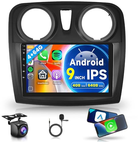 4G+64G Wireless Carplay Android Autoradio 2 Din für Renault Dacia Logan 2 Sandero B52 2012-2019 9 Zoll Autoradio mit Android Auto Navi GPS WiFi Mirror Link Bluetooth FM/RDS/32EQ/USB/SWC Rückfahrkamera