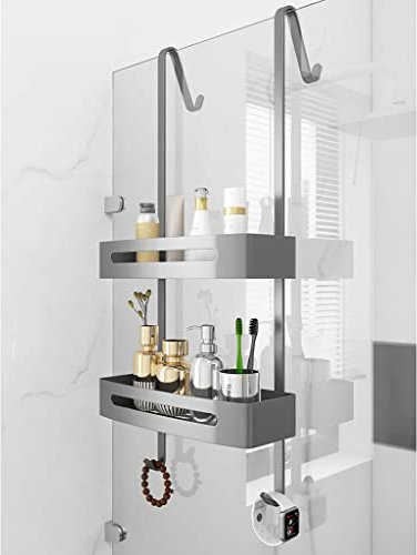 Nizer Étagère de salle de bain avec 2 crochets et panier de rangement suspendu pour savon, shampooing, luffa, gel douche sur étagère de porte (style A 32 x 12,5 x 73 cm)