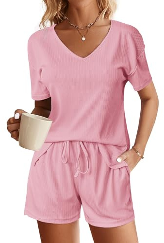 NLAND Tuta Corta Ampia da Donna 2 Pezzi Tute da Tempo Estiva Casa T-Shirt Manica Corta e Pantaloncini Tuta Sportiva Moda Scollo a V Sports Suit