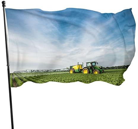 Flagge, 90 x 152 cm, Traktor und grünes Bauernland, lebendige Farben, Outdoor-Sport-Banner, lichtbeständiges Polyester, Hofflagge mit 2 Messingösen für Innen- und Außendekoration