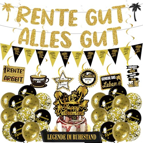 Rente Deko Ruhestand Party Banner - 35 Stück Gold Schwarz Partyzubehör | Rente Gut Alles Gut Banner Luftballons Ballons Girlande Tortendeko Endlich Dekoration Für MäNner Frauen Pensionierung Party