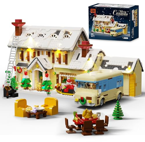 Bilinavy Christmas House Village Building Blocks Set with Light, Snow Cabin and Camper Holiday Scene Model Kit, Winter Vacation Building Toy Gift for Adults, 2098pcs