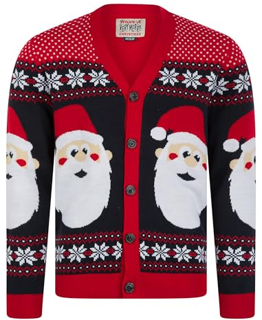 Tokyo Laundry Merry Christmas Men's Novelty Knitted Santa Claus Motif Nordic Fair Isle Style Xmas Cardigan