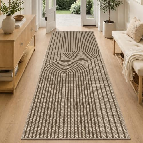 VSIWB Teppich Läufer Flur 80x200 cm Jute Aussehen Küchenteppich Waschbarer | Rutschfest Kurzflor Küchenläufer Braun Outdoor Teppiche für Küche, Wohnzimmer, Schlafzimmer, Diele, Eingang, Balkon
