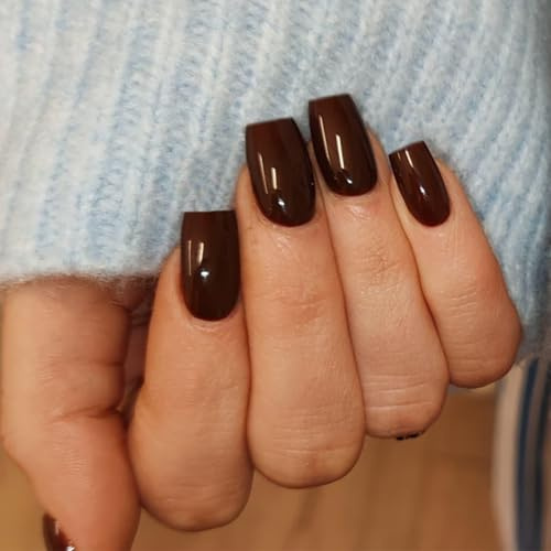 Stick on Nails - Brown Press on Nails - 24pcs Short Square Fake Nails with Glue - 12sizes,Glossy Full Cover Natural Chocolate Color French Tip for Women Girls Daily Wear