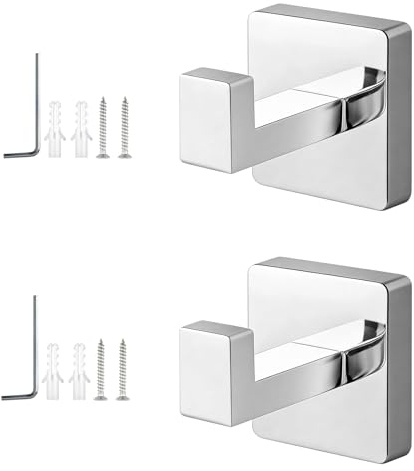TIANLIN Towel Hooks 2 Pcs, Polished Silver Door Hooks Screw-in for Bathroom | Stainless Steel Wall Hooks for Robes, Coats, Towels; Holds Up to 15 lb; Easy Screw-In Fixing for Bedroom, Kitchen, Hallway