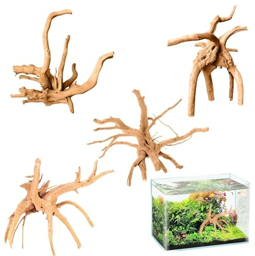 4 Stück Aquarium Wurzel Treibholz Wurzelholz Root, Aquarium Deko15-20CM | Treibholz Deko Dreidimensionale Landschaft für Fische Garnelen Schildkröten Chamäleons Natürliche Form
