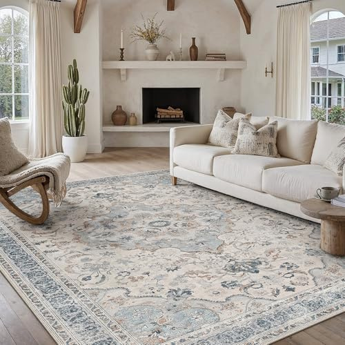 PureCozy Teppich Wohnzimmer 200x300cm Waschbarer Vintage Blau Tepiche for Schlafzimmer kurzflor rutschfest Weich Retro Orientalischer Carpet für Living Room Küchen Esszimmer Bedroom