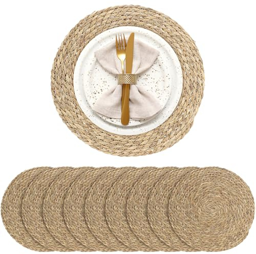 10 Stück Platzset Rund Set, 33 cm Tischset aus Wasserhyazinthe, Braune