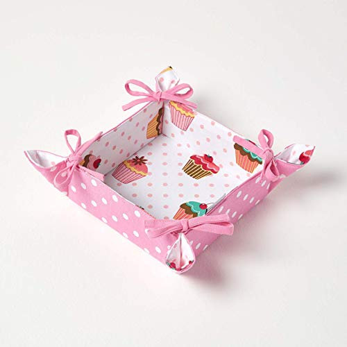 Homescapes Frühstückskorb mit Wende-Design ‚Cupcakes‘, Brötchenkorb faltbar, Brotkorb eckig aus Stoff, Faltkörbchen Baumwolle