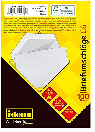 Idena 10218 - Briefumschläge ohne Fenster DIN C6, 100 Stück nassklebend, Umschläge aus 75 g/m² FSC-Mix Papier in Weiß