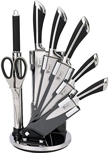 Royalty Line - Set di 8 coltelli in acciaio inox con speciale griglia di filatura RL-KSS700, manici neri
