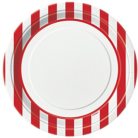Unique Party 38005 - Assiettes en Carton au Motif Rayé Rouge de 21.9 cm , Paquet de 8