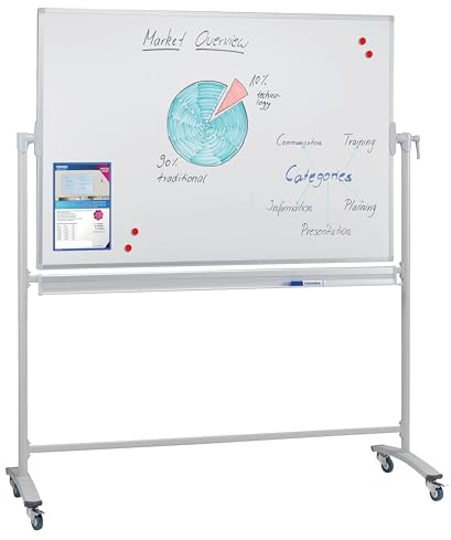 FRANKEN ST205 Tableau blanc mobile double face émaillé magnétique effaçable à sec avec support et roulettes avec cadre en métal et cadre pivotant 220 x 120 cm