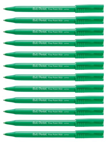 Pentel R50 Rollerball Pen Green Barrel Water-based 0.8mm Tip 0.4mm Line Green Ref R50-D [Pack of 12]