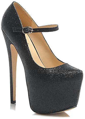Core Collection Womens Ladies Mary Jane Stiletto HIGH Heel Party Platform Ankle Strap Shoes Size 3-8 Black Glitter