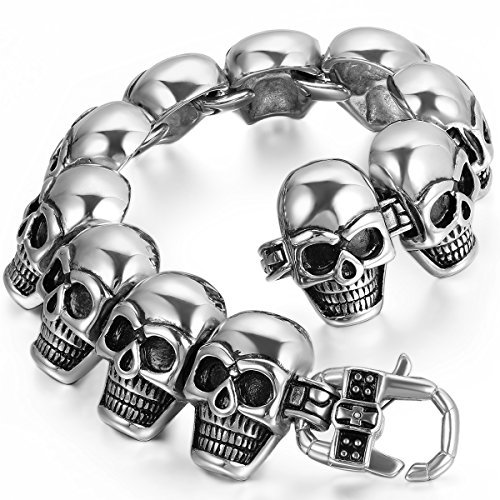 JewelryWe Biker Men's Heavy Stainless Steel Bracelet Gothic Skull Punk Rock Halloween Birthday Gift for Him