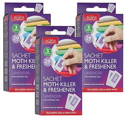 3x Pack of 20 Acana Moth Killer & Freshener Sachets with Lavender Fragrance