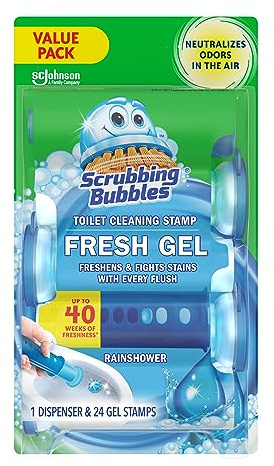 Scrubbing Bubbles Fresh Gel Toilet Bowl Cleaning Stamps, Helps Keep Toilet Clean and Helps Prevent Limescale & Rings, Rainshower Scent, 1 Dispenser with 24 Fresh Gel Stamps