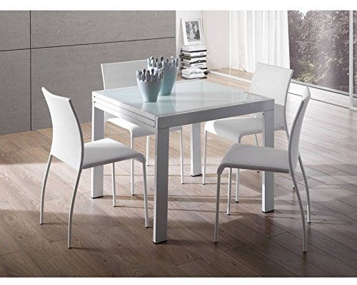 Mesa extensible de metal cromado y cristal extra blanco. Diseño blanco