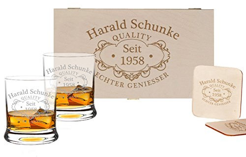 polar-effekt 5-TLG Whisky Geschenk-Set - 2 Leonardo Whiskygläser, 2 Untersetzer in Holzbox - Geschenkidee für Männer und Frauen - Personalisiert mit Gravur - Quality Whisky