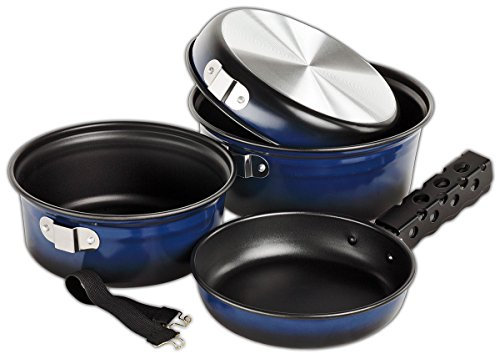 BLACK CREVICE Camping-Kochset I Camping-Kochgeschirr aus Aluminium mit Antihaftbeschichtung I Outdoor-Kochgeschirr-Set I 2 Camping-Töpfe & 2 Bratpfannen I Camping-Koch-Set inkl. Netztasche