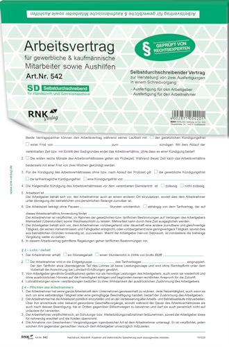 RNKVERLAG 542/10 - Arbeitsvertrag für gewerbliche Arbeitnehmer, DIN A4, selbstdurchschreibend, 10 Verträge
