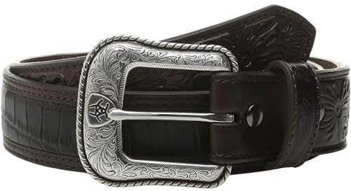 ARIAT Men's Crocodile Embossed Belt, Floral Tabs, Silver Buckle, 38
