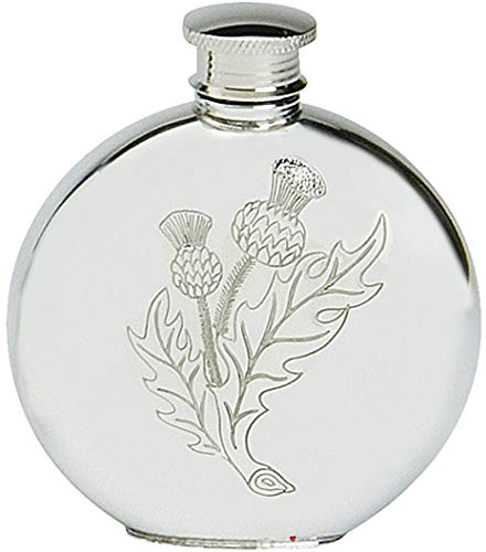 Pewter Round Flask Thistle Engraved 6oz Engravable on Back Screw Top
