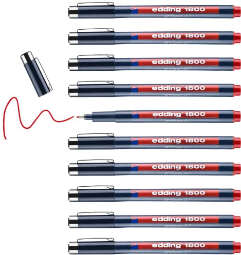 edding 1800 profipen - red - 10 pens - line width 0.7 mm - fineliner pen for precise writing, sketching and technical drawing - fine, metal-encased nib - suitable for use with rulers and stencils