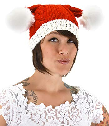 Festive Knit Santa Hat with Dual Poms Adult Christmas Costume Accessory One Size Fits Most
