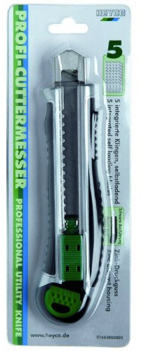 Heytec Cuttermesser 18 mm, Zink-Druckguss, Gummigriff, Silber, Schwarz, Grün